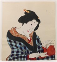 Lady with Papers Woodblock Print