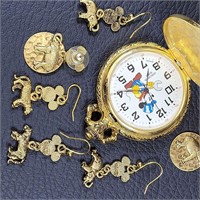 Vtg Mickey Mouse Railroad Pocket Watch & Earrings