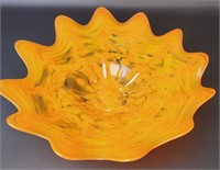 Handblown Orange Scalloped Glass Bowl - Signed