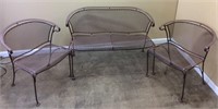 BROWN WROUGHT IRON SETTEE & 2 MATCHING CHAIRS