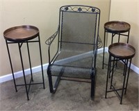 WROUGHT IRON PATIO CHAIR w 3 METAL PLANT STANDS