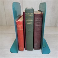 4 Early 1900's Books and Green Metal Bookends