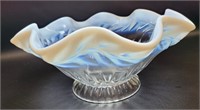 Ruffled Opalescent Glass Bowl 11" x 5" White/Blue