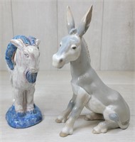 Porcelain Donkey and Pottery Ram Statues