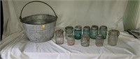 Blue and Clear Canning Jars, Galvanized Tub