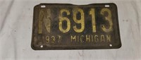 Vintage 1937 Michigan License Plate