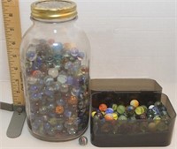 2 Qt. jar and file box of mixed glass marbles