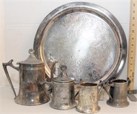 Silver on Copper tea set w/tray, teapot, s & c