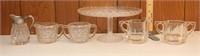 Pattern glass lot with cake stand, 2 creamers;