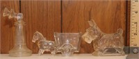 3 glass candy containers: Candlestick phone,