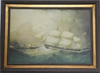 Sail Ships in Storm (1 with US flag) framed giclee