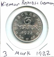 Wiemar Republic German 3 Mark - 1922