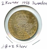 Sweden 2 Kroner - 1958, .18 oz Silver