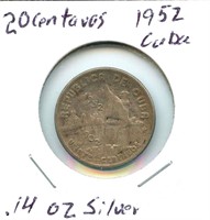 20 Centavos Cuba - 1952, .14 oz Silver