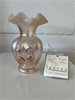 Fenton signed hand painted 5.5” gloss pink vase