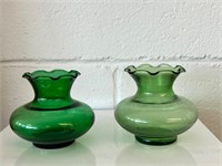 2 mini vintage green glass vases