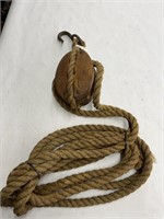 Vintage Wooden Pulley w/ Twisted Rope