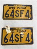 Matching Pair of 1951 PA License Plates