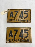 Matching Pair of 1934 PA License Plates