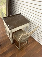 Antique Wooden School Desk & Bamboo Chair