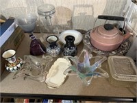 Glassware- Dishes, Vases & Tea Kettle