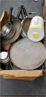 1 Box of  Pots, Pans, Cookie Sheets, Tupperware