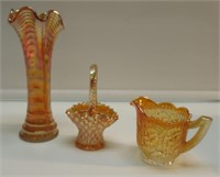 (3) PCS MARIGOLD CARNIVAL GLASS. BASKET IS 6-1/2"