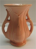 8" PEACH MCCOY POTTERY VASE. VERY SMALL HAIRLINE