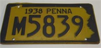 1938' PENN LICENSE PLATE. 6" BY 12".