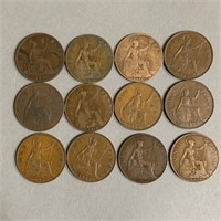 One Penny Copper Pieces 1891-1939 (12 Coins)