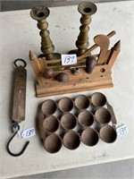 Pipe racks, salter no 3 scales, cast cake tray and
