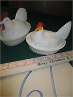 2 MILK GLASS SPLIT TAIL RED HEAD HEN ON NEST