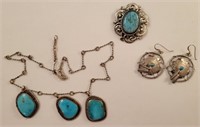 Turquoise Necklace, Earrings, & Pin