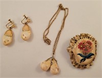 Antler Button Pin, Elk Ivory Necklace & Earrings