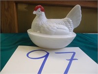 MILK GLASS RED WADDLE HEN ON NEST