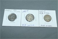 3 Vintage Assorted WWII Silver Nickels