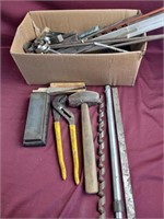 Box Lot of Miscellaneous Tools, Hammer, Pliers,