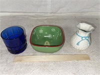 Blue Glass, Basket Woven Vase & Green Christmas Bo