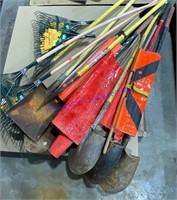 Rakes shovels, signs