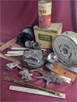 Box Lot of Miscellaneous Items, Binoculars, Tins,