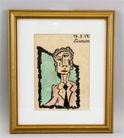 Spanish Watercolor Portrait Signed Picasso 17.3.54