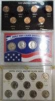 1982 Lincoln cent set, WWII silver quarter set,