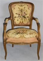 antique carved French needlepoint fauteuil