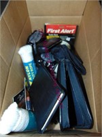 2 boxes of misc items, umbrellas, calculator,
