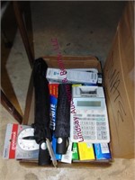 2 boxes of misc items, umbrellas, calculator,