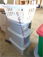 3 plastic totes with lids and a laundry basket