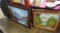 2-framed paintings and a piece of wall art