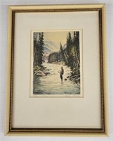 "Fishing on Piney" Colored Etching by Hans Kleiber
