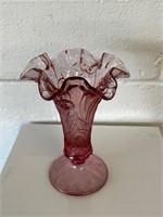 Fenton Art Glass Pink Daffodil Ruffled Rim Vase