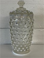 Fenton clear and white frosted hobnail jar & lid